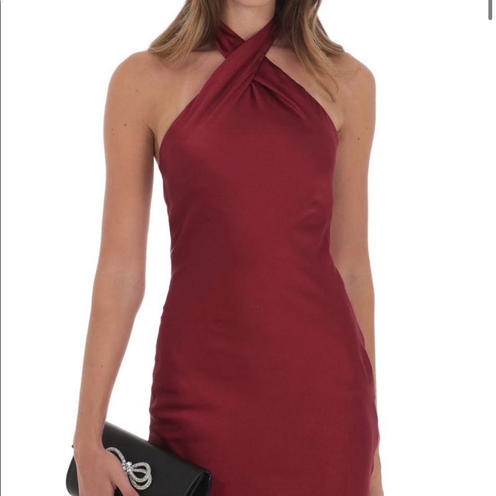 Wine red satin wedding guest dress